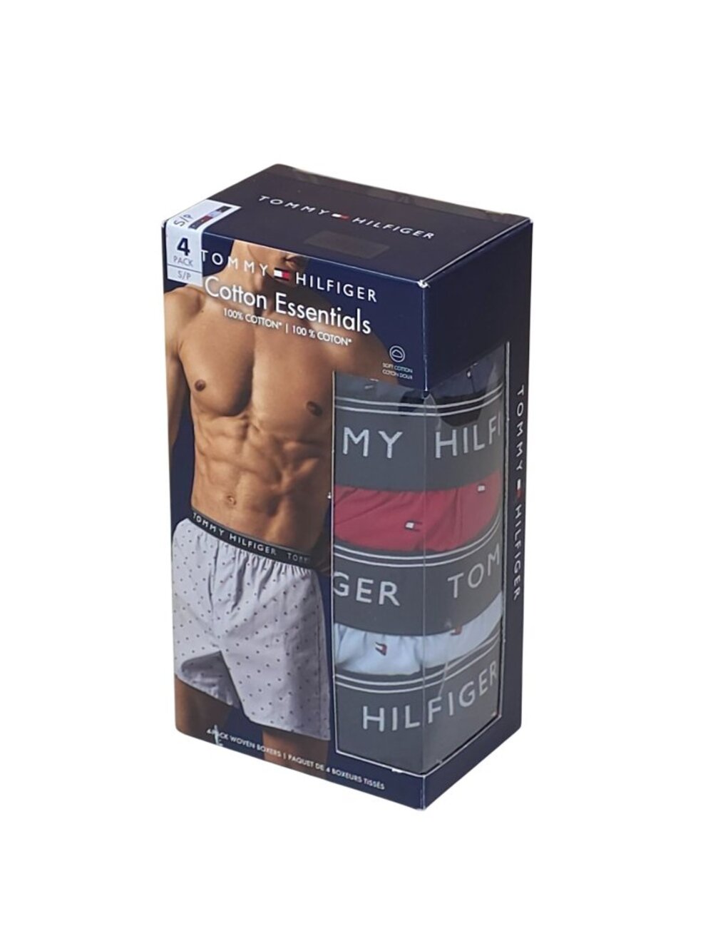 Tommy Hilfiger Mens 4-Pack Cotton Essentials Woven Boxers Small Red Navy Blue